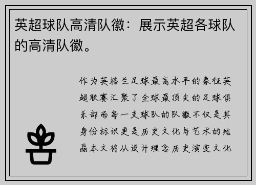 英超球队高清队徽：展示英超各球队的高清队徽。