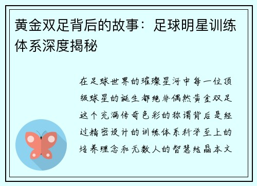黄金双足背后的故事：足球明星训练体系深度揭秘